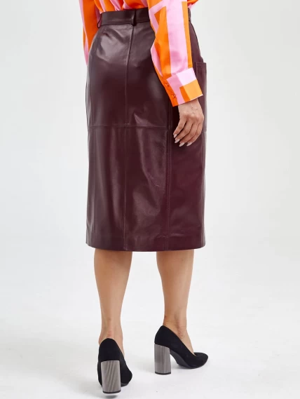 Кожаная юбка с разрезом 10, бордовая, размер 44, артикул 85590-5