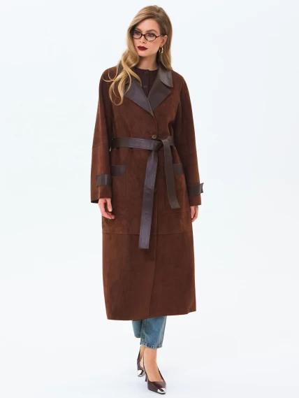 Длинный женский замшевый плащ премиум класса 3083з, коньячный, размер 48, артикул 24550-4