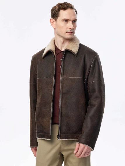 Короткая дубленка из овчины керли премиум класса для мужчин 140, коричневая, размер 44, артикул 71510-4