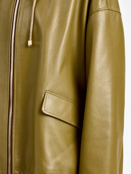 Женская кожаная куртка с капюшоном премиум класса 3102, зеленая, размер 44, артикул 92160-3