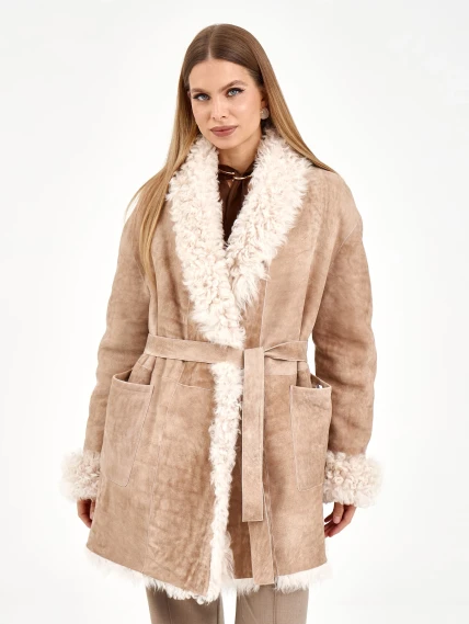 Короткая женская дубленка из тиградо 2078, бежевая, размер 44, артикул 65270-2