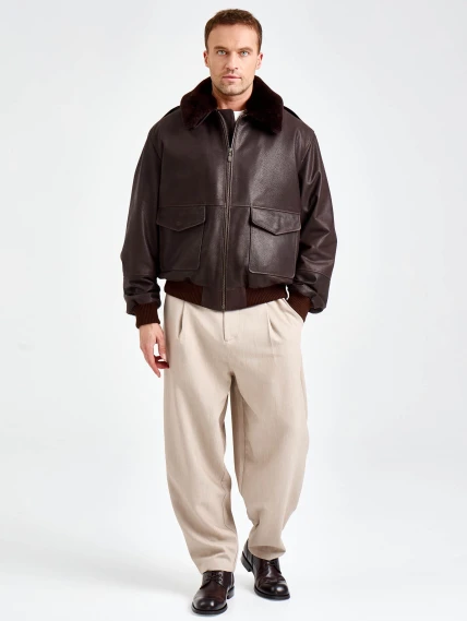Мужская кожаная куртка пилот премиум класса 548, коричневая, размер 50, артикул 29860-1