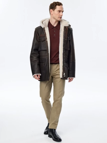 Дубленка мужская с капюшоном премиум класса 433, коричневая, размер 50, артикул 70751-6