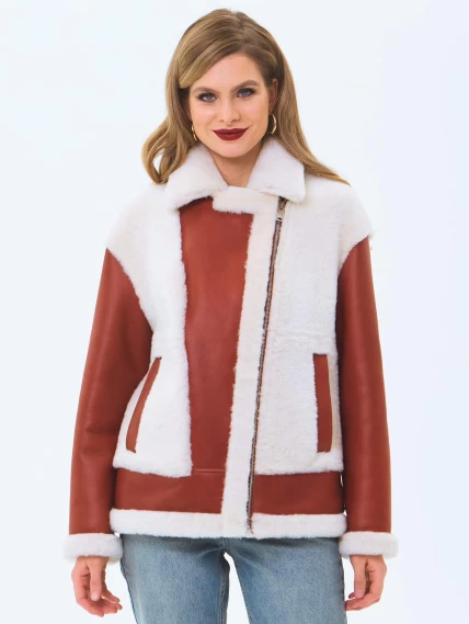 Короткая женская дубленка из натуральной овчины премиум класса 2066, коньячная, размер 44, артикул 64720-0