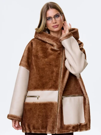 Комбинированная женская дубленка с капюшоном из астрагана премиум класса 2058-1