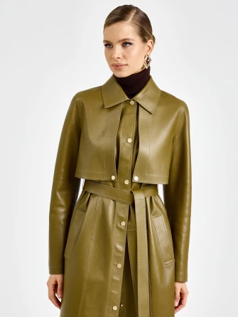 Зеленый женский длинный кожаный плащ премиум класса 3103-1