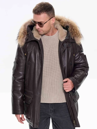 Утепленная мужская кожаная куртка аляска с мехом енота Алекс-0